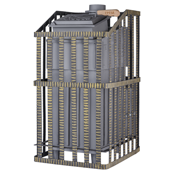 Печь-каменка чугунная ГРОЗА-УРАГАН 18МС дверца со стеклом в сетке (18 м.куб)
