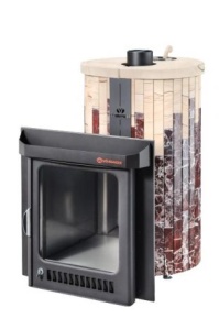 Печь-каменка ОПТИМА ПФ дверца со стеклом в ламелях РОССО ЛЕВАНТЕ + ОКАМЕНЕВШЕЕ ДЕРЕВО (28 м.куб)