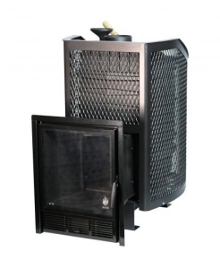 Печь-каменка  чугунная АМУР с закрытой каменкой СЕТКА  высечка дверца ПАНОРАМА (12 - 24 м.куб)